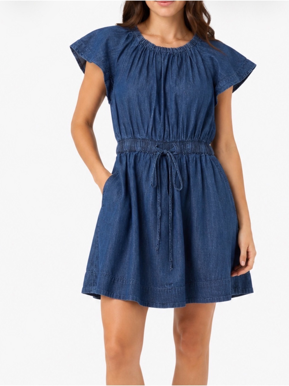 Free Assembly Chambray Denim Cotton Dress Small Flutter Sleeve Boho Casual